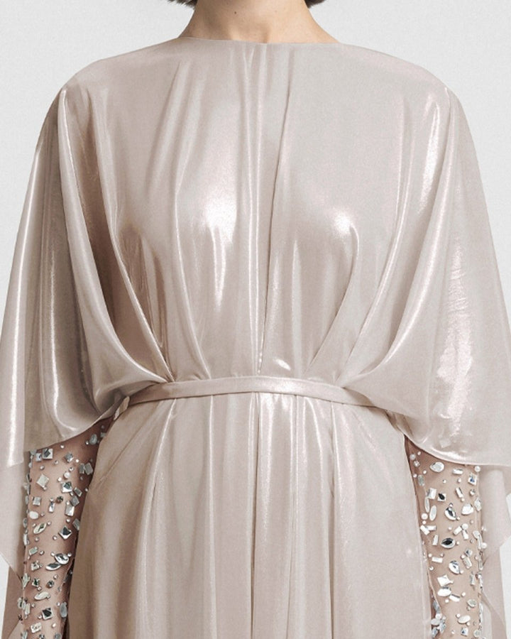 Embroidered See - Through Sleeves Beige Kaftan - Gemy Maalouf