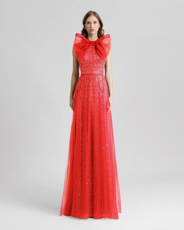 Bow Halter - Neckline Red Dress - Gemy Maalouf