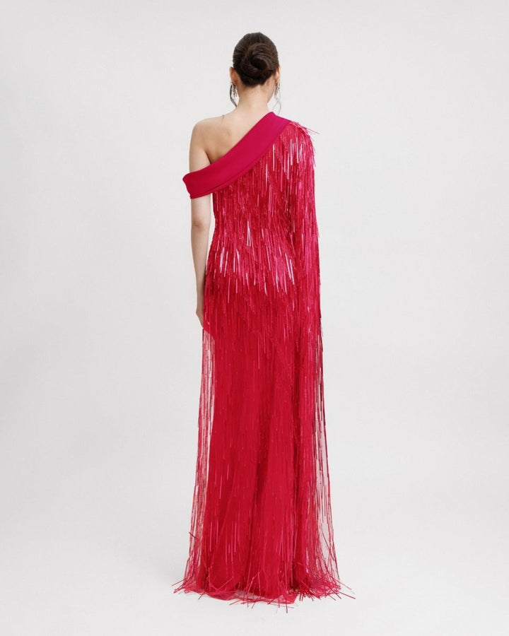 One - Shoulder Crepe Fold - Over Fuchsia Dress - Gemy Maalouf