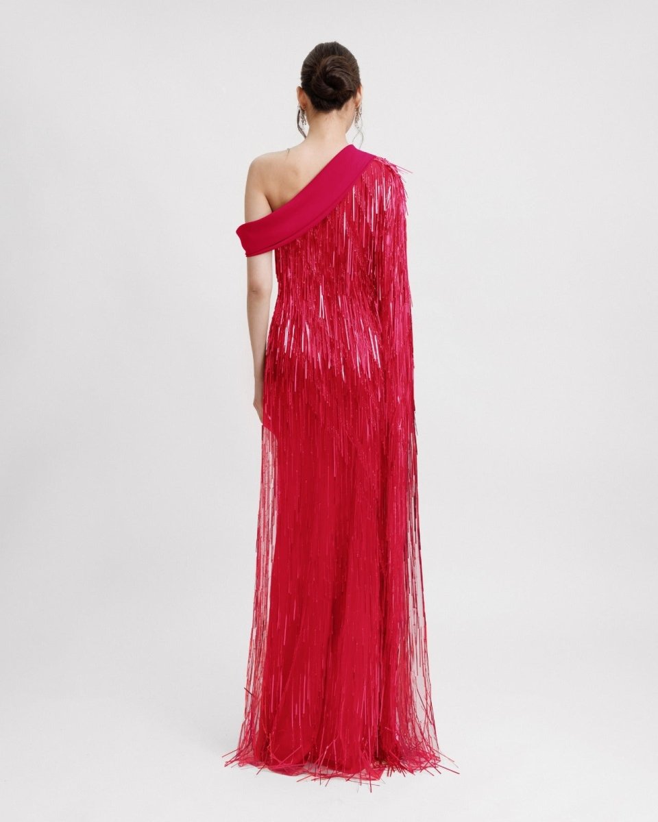 One - Shoulder Crepe Fold - Over Fuchsia Dress - Gemy Maalouf