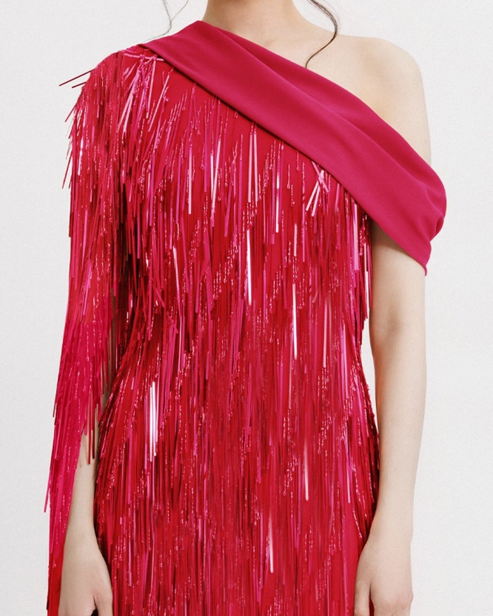 One - Shoulder Crepe Fold - Over Fuchsia Dress - Gemy Maalouf