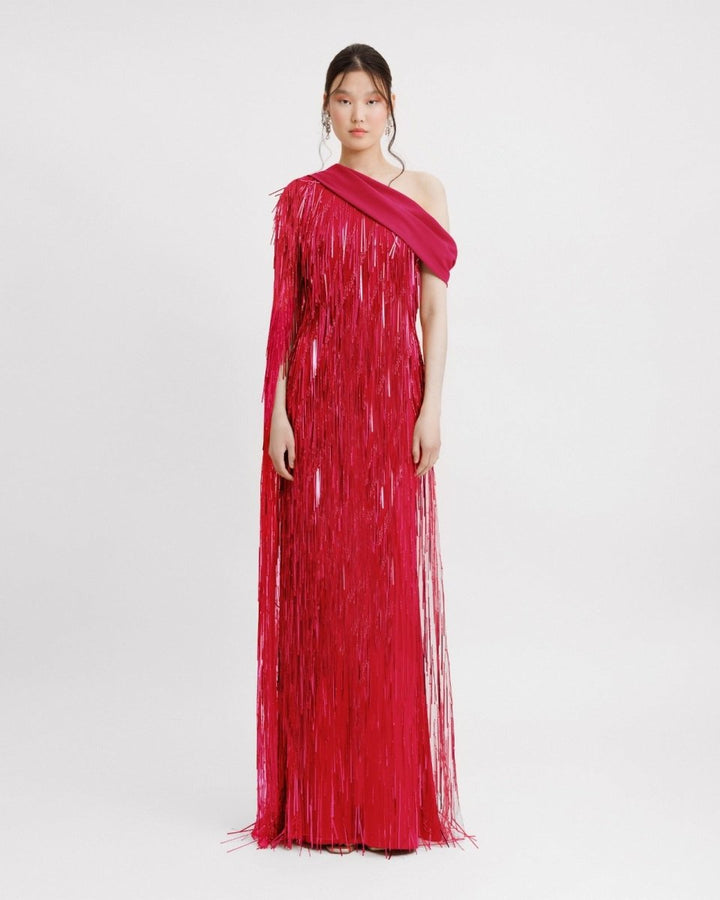 One - Shoulder Crepe Fold - Over Fuchsia Dress - Gemy Maalouf