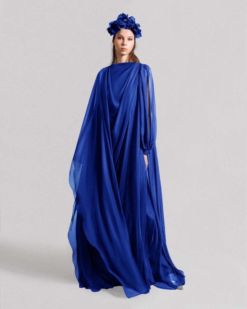 Soft Lame Dark Blue Organza Kaftan - Gemy Maalouf