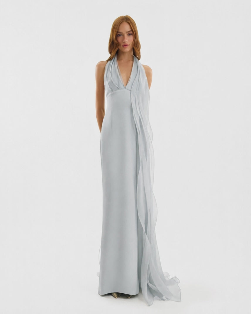 Draped Halter Dress with Organza Panels