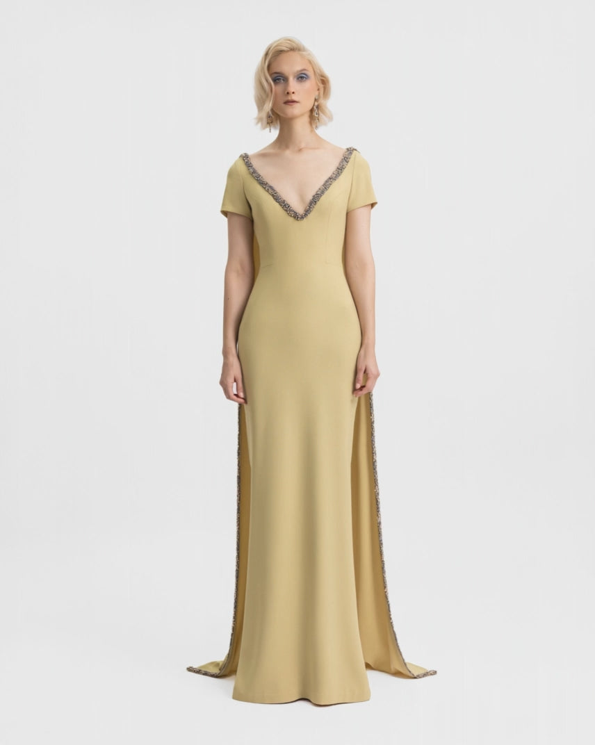 Beaded V-Neckline Dress with Cape
