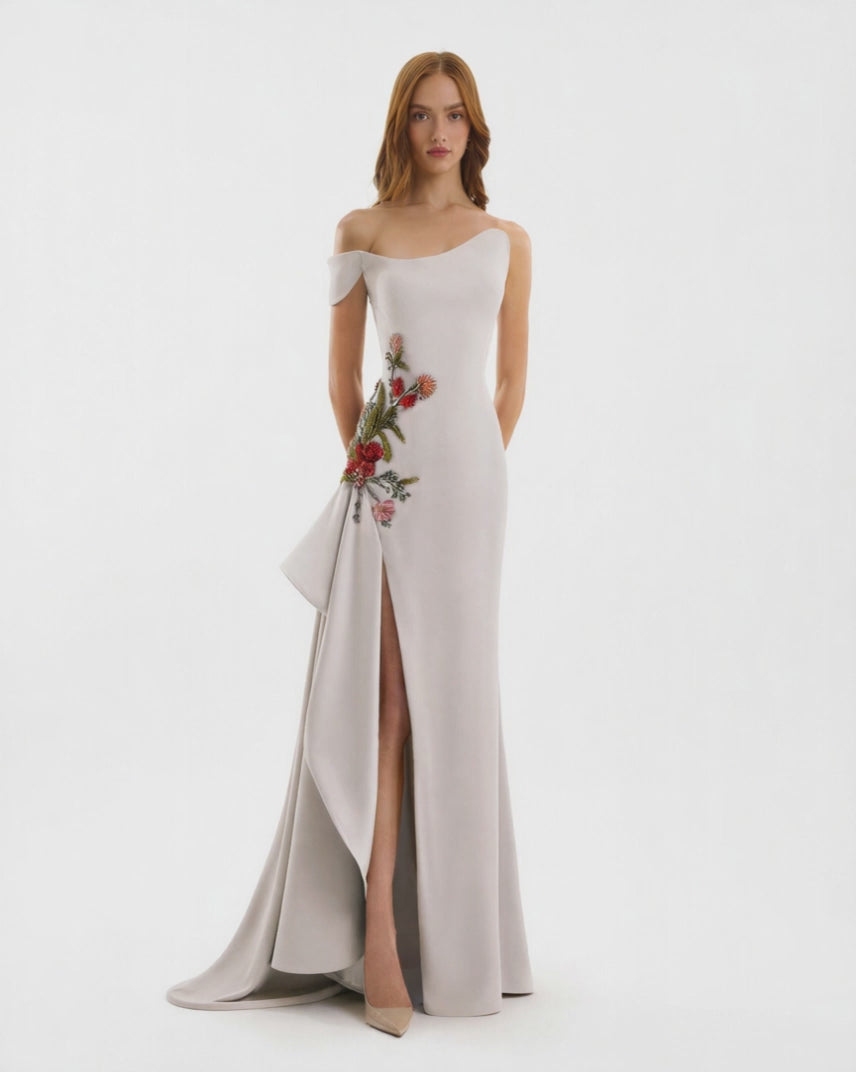 Asymmetrical Off-Shoulder Embroidered Dress