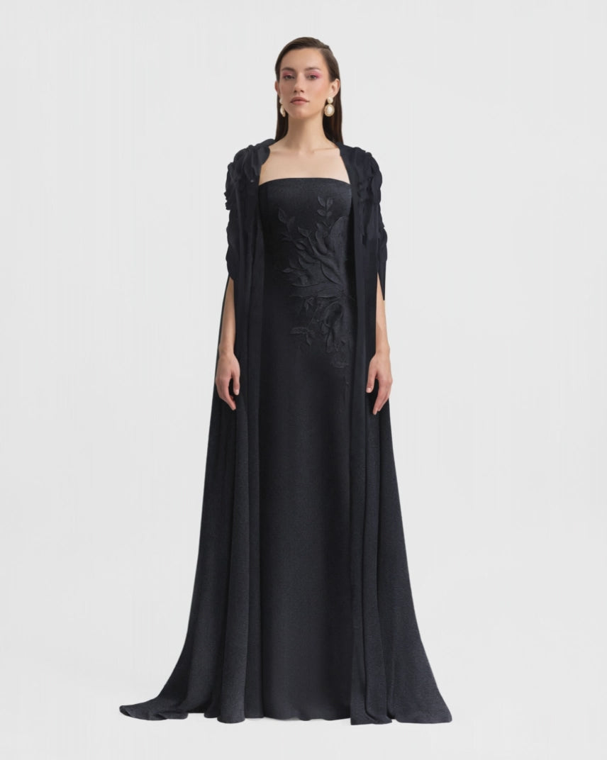 Slim-Cut Dress With Floral Details and Cape