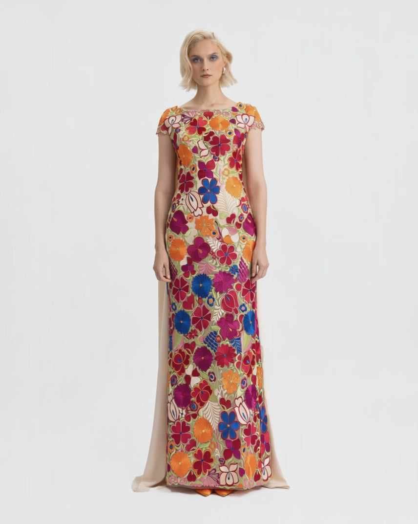 Slim-Cut Guipure Dress with Cape