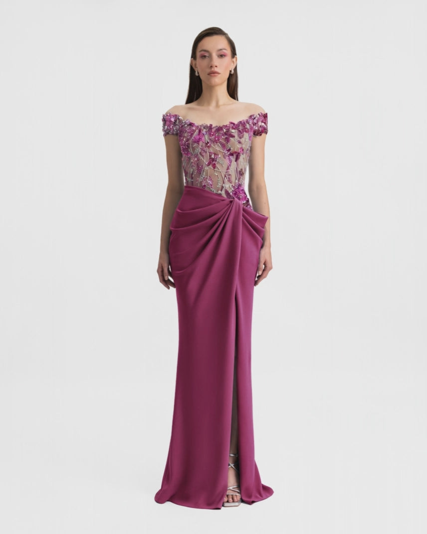 Beaded Corset Dress with Draped Skirt