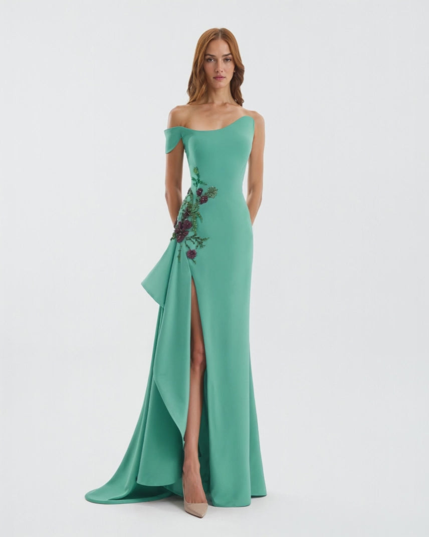 Asymmetrical Off-Shoulder Embroidered Dress