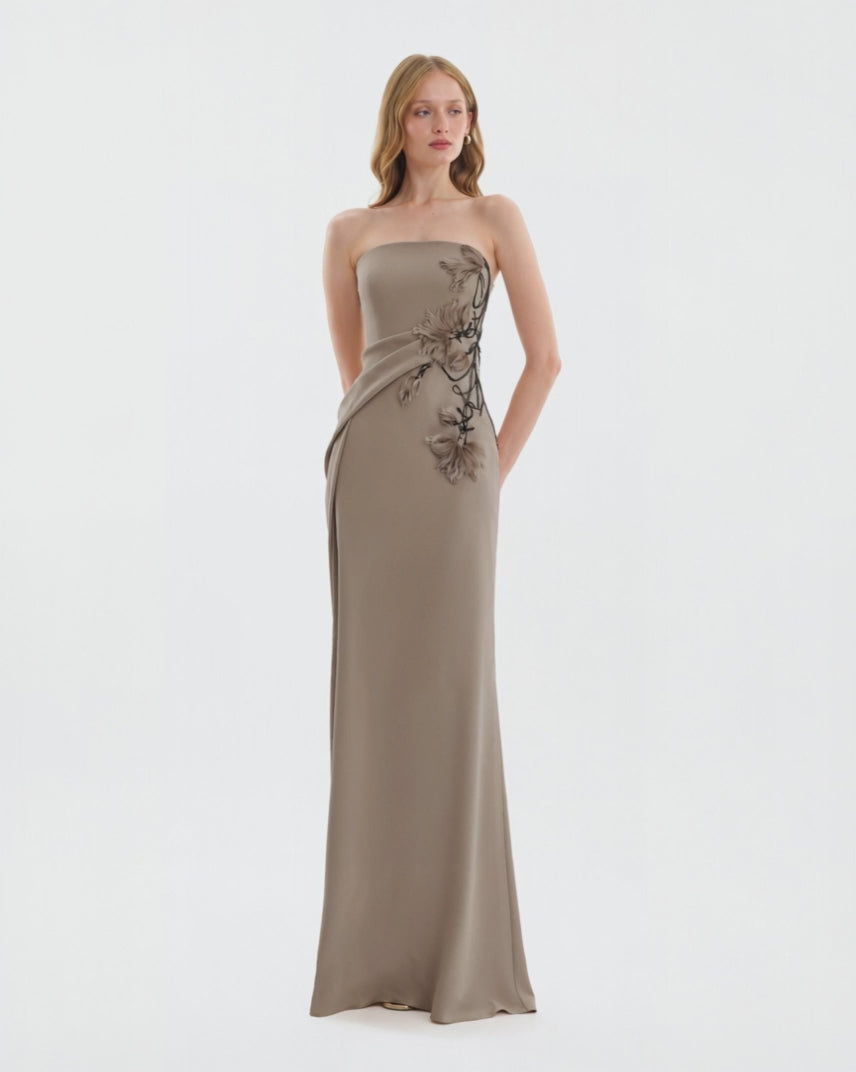 Strapless Draped Dress with Beaded Floral Detail