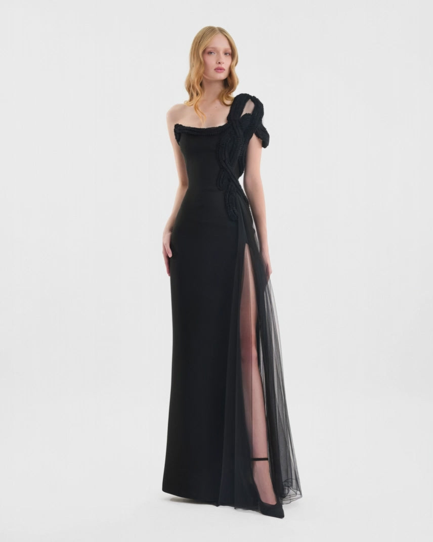 One-Shoulder Dress with Sculptural Embroidery