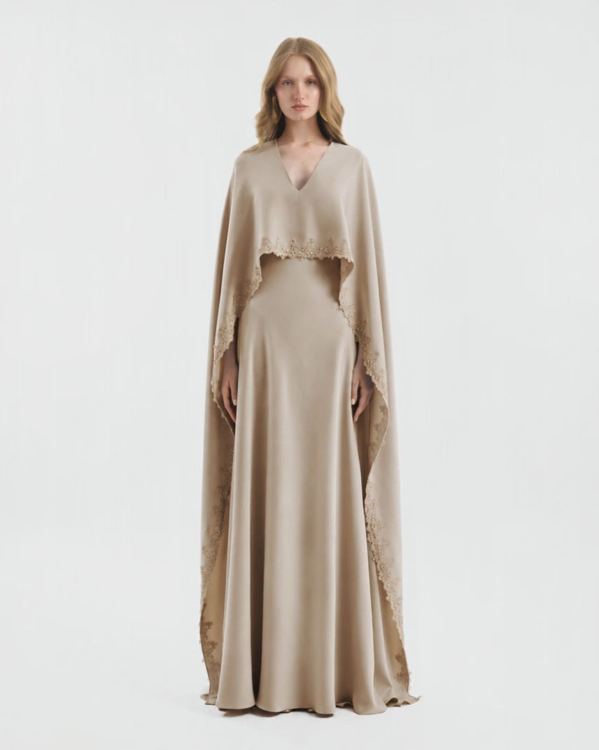 V-Neck Dress with Embroidered Cape