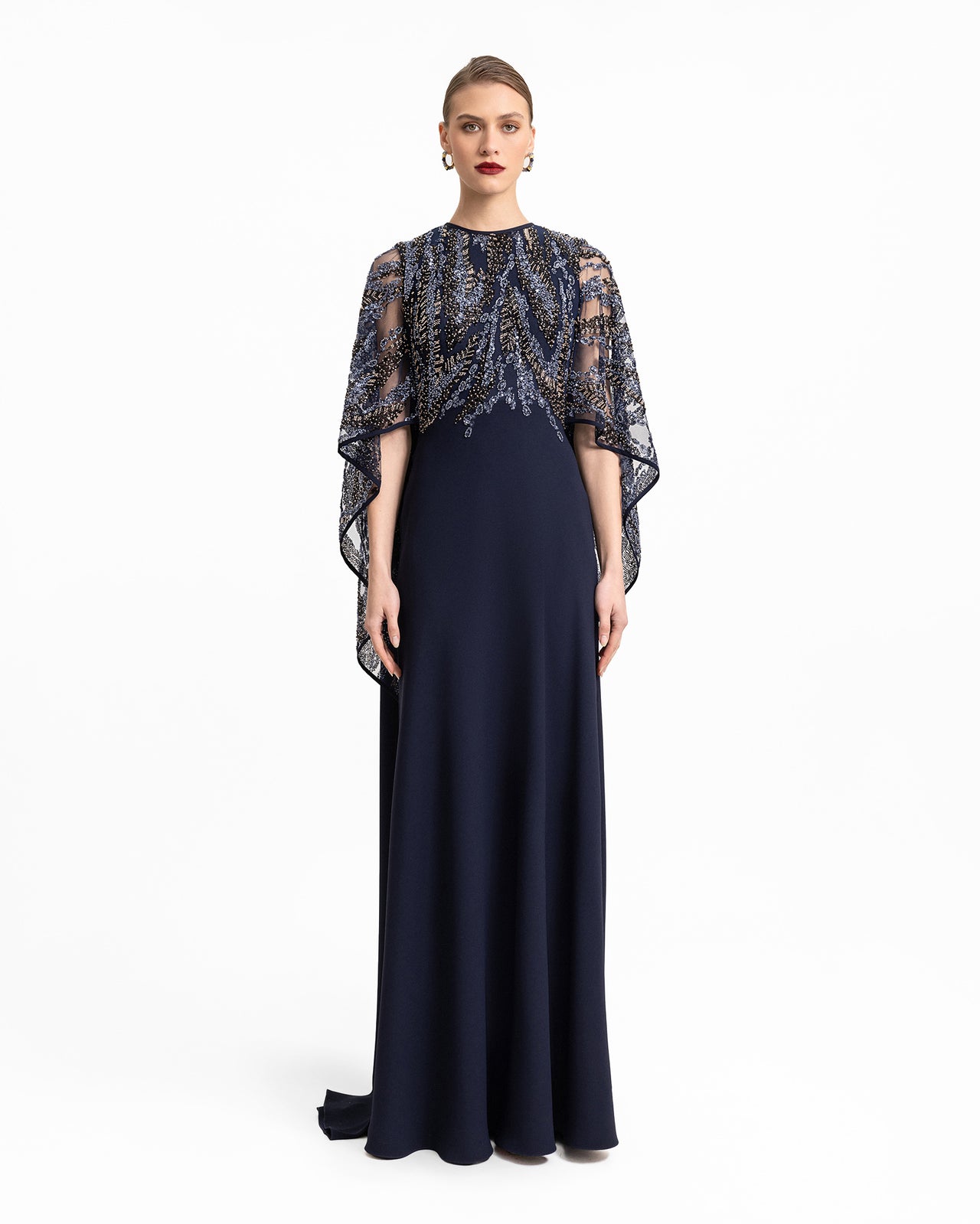 Beaded Sheer Cape Dress