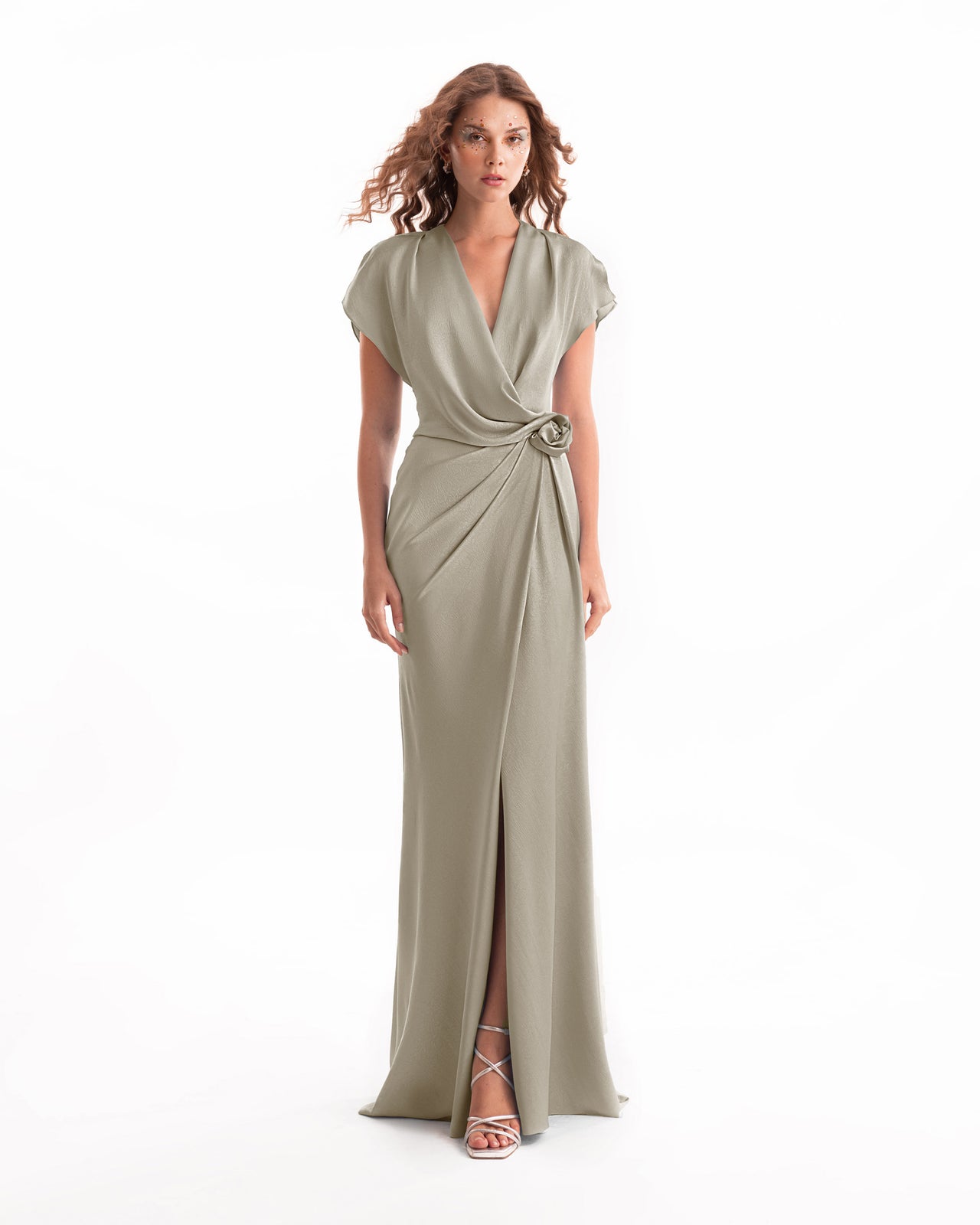 Draped V-Neck Dress with Flower Detail