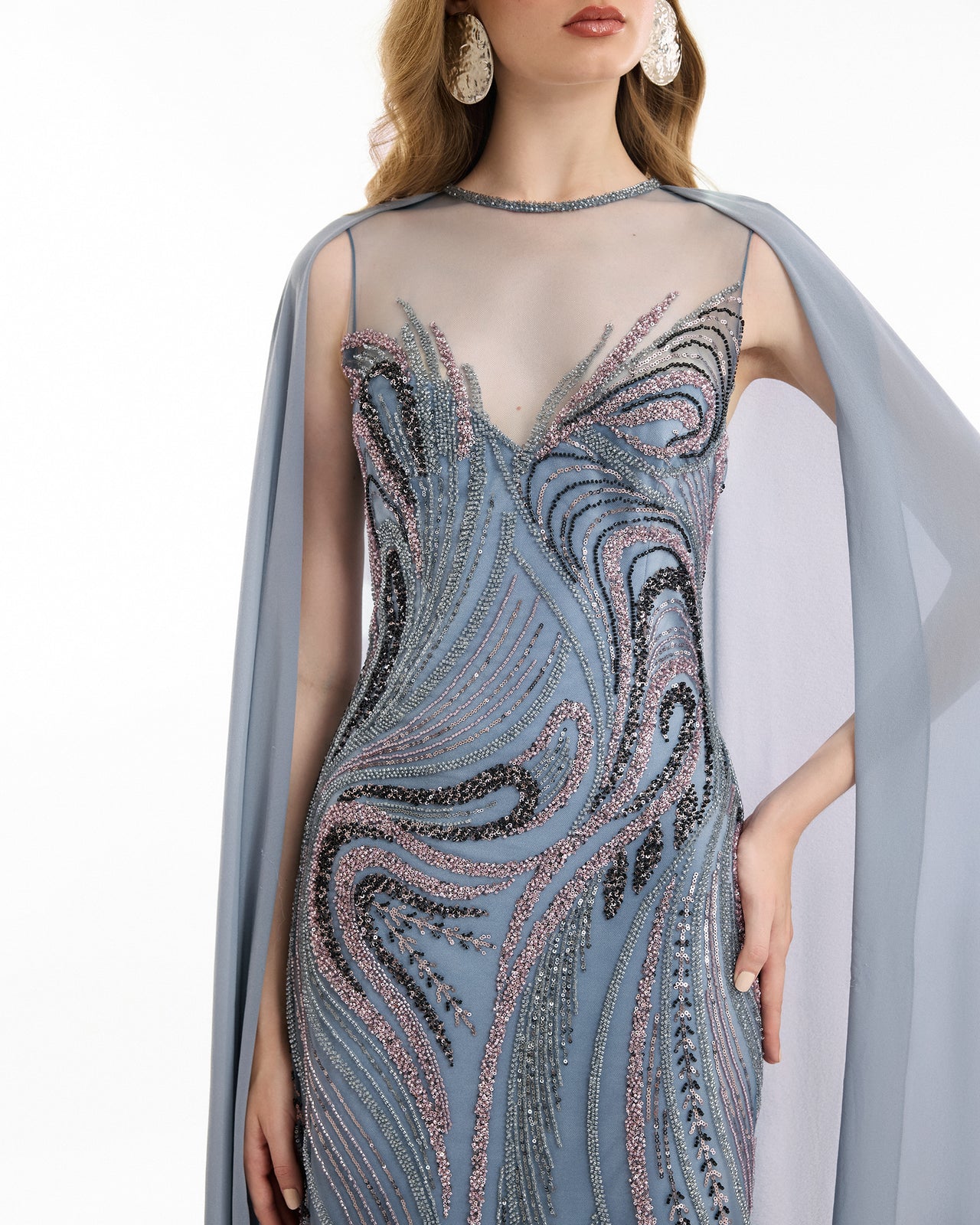 Fitted Beaded Dress with Sheer Neckline