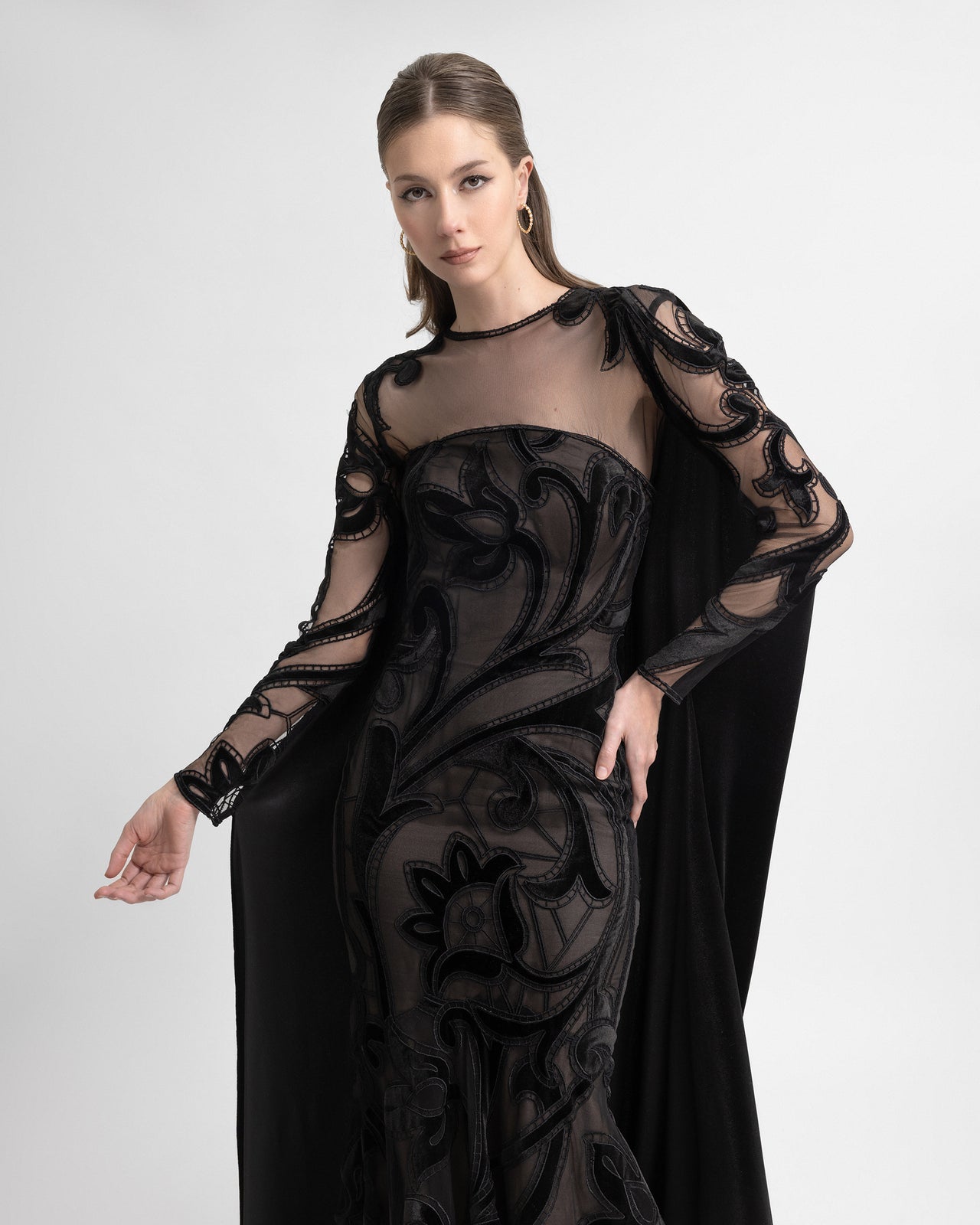 Gemy Maalouf | Evening Dresses | Velvet Embroidered Dress with Mesh Cape Gemy Maalouf | Evening Dresses | Velvet Embroidered Dress with Mesh Cape