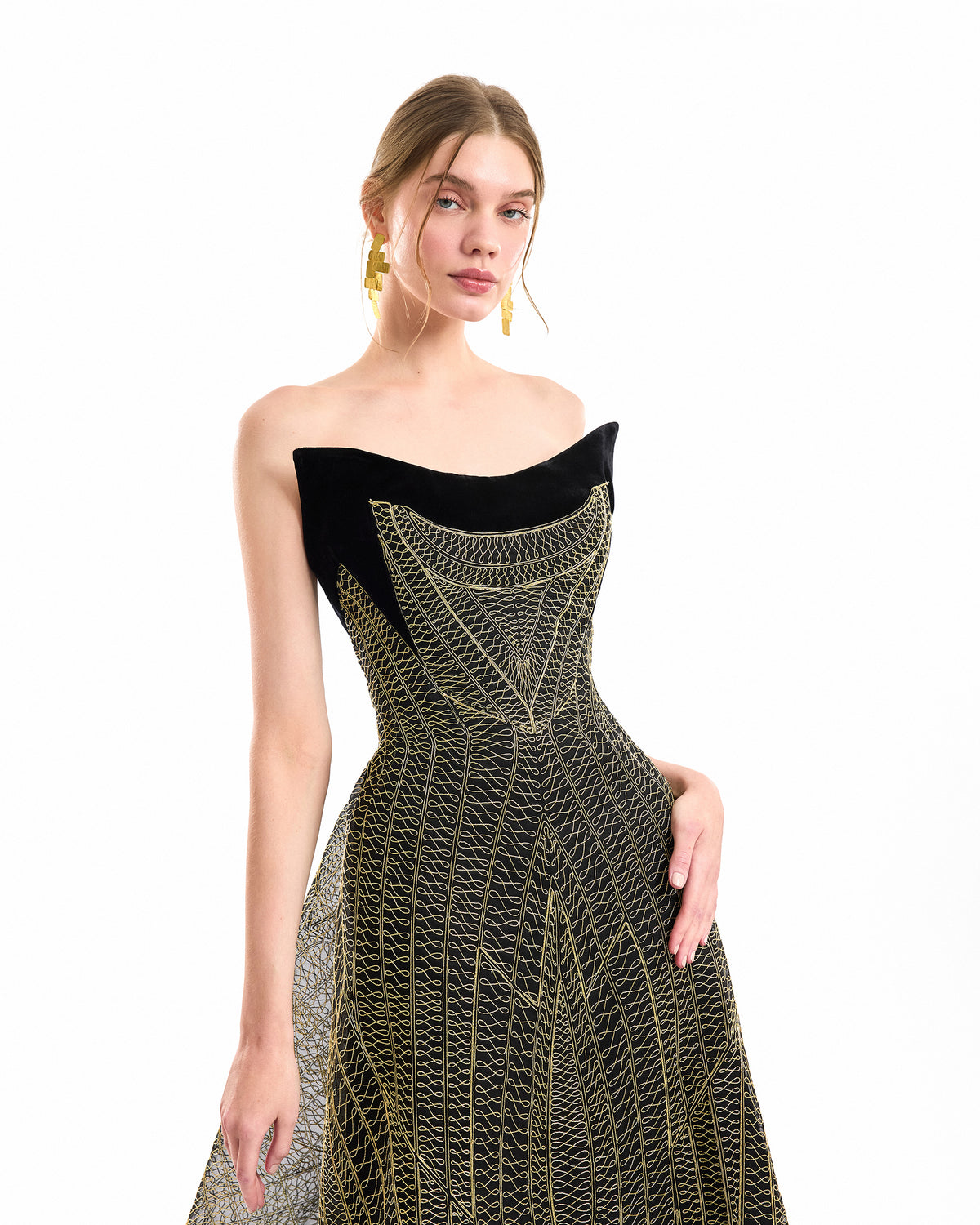 Metallic Embroidered Train Dress