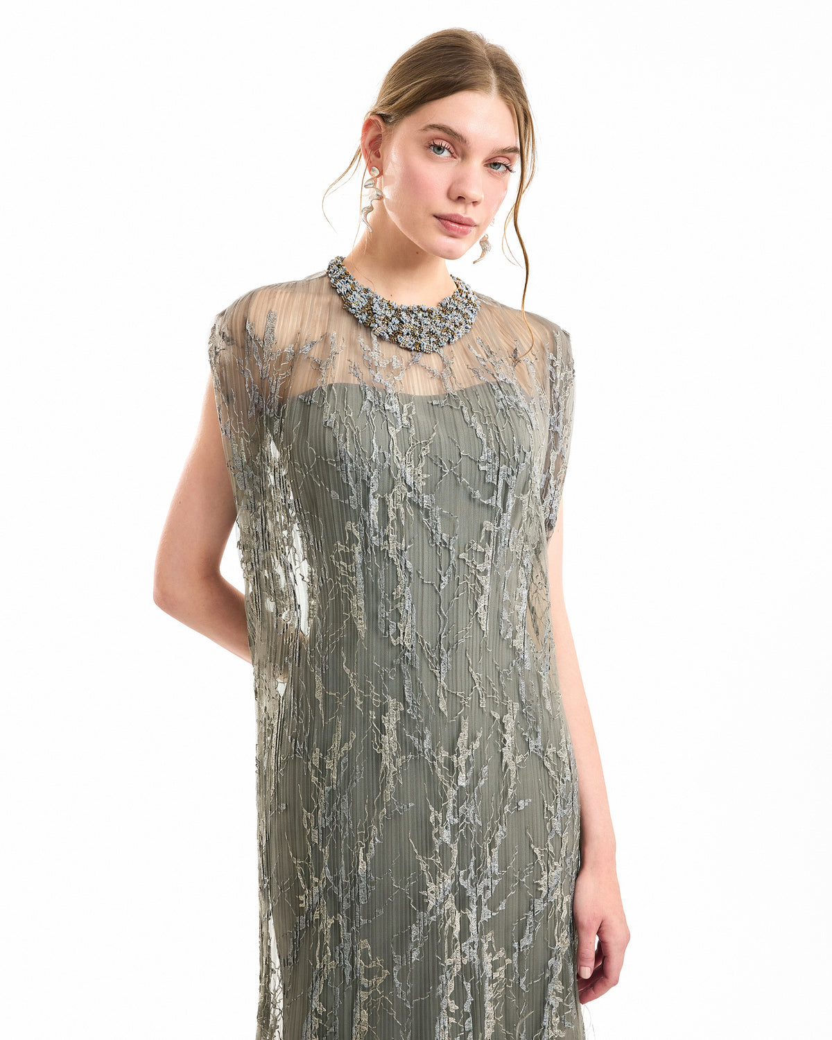 Feathered Hem Pleated Midi Dress