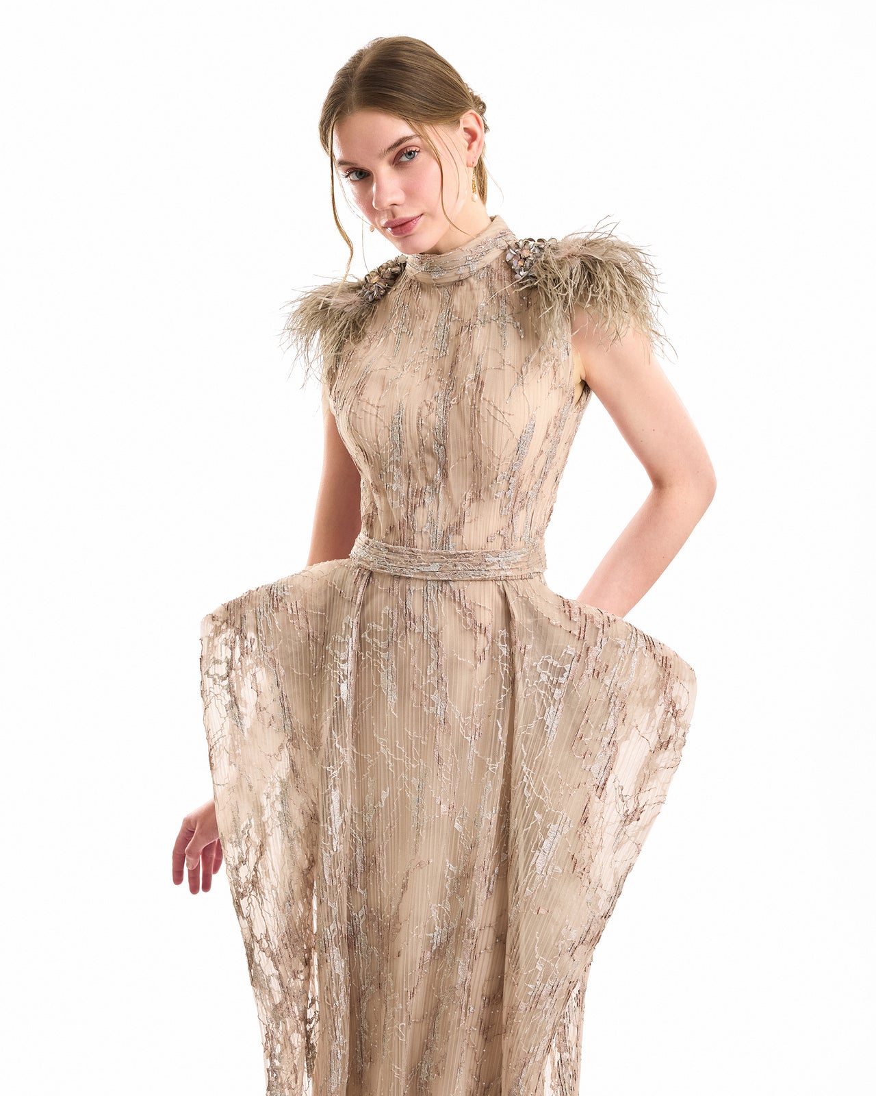 Feathered Shoulder Hip-Panel Dress