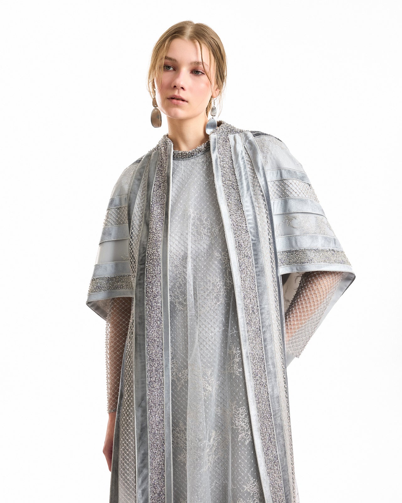 Embroidered Net Lace Dress with Beaded Cape