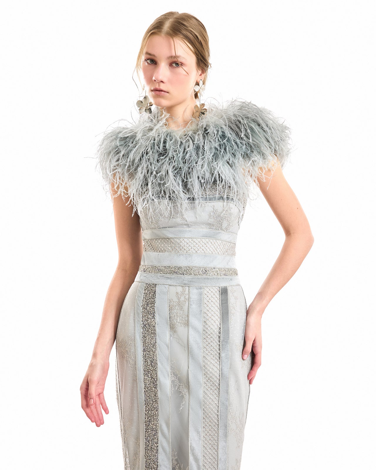 Embroidered Panel Dress with Feathered Bolero