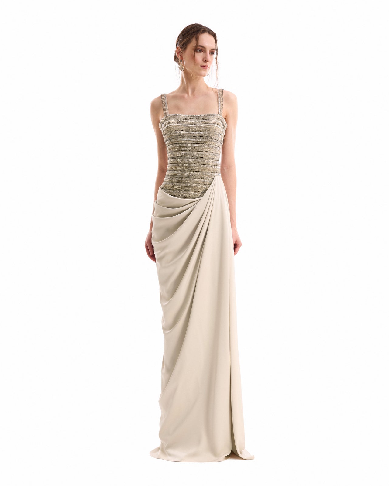 Squared-Neck Beaded Dress