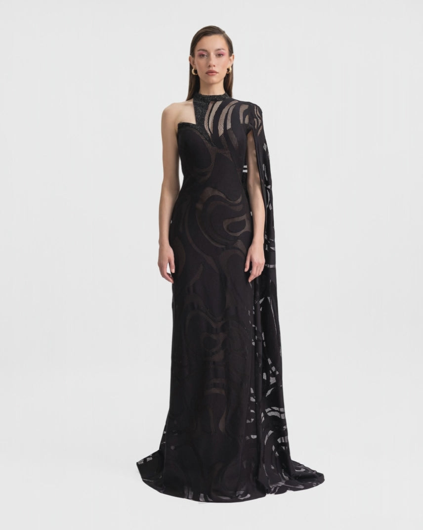 Asymmetrical Neckline Dress with Beaded Corset