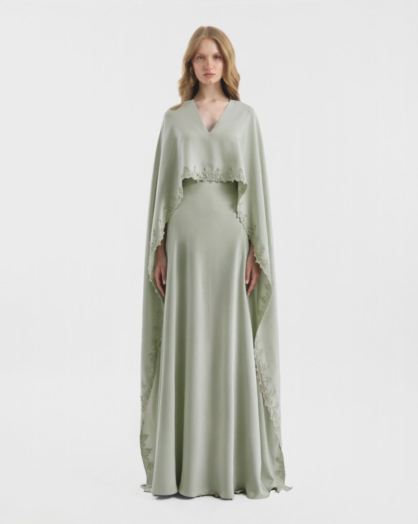 V-Neck Dress with Embroidered Cape