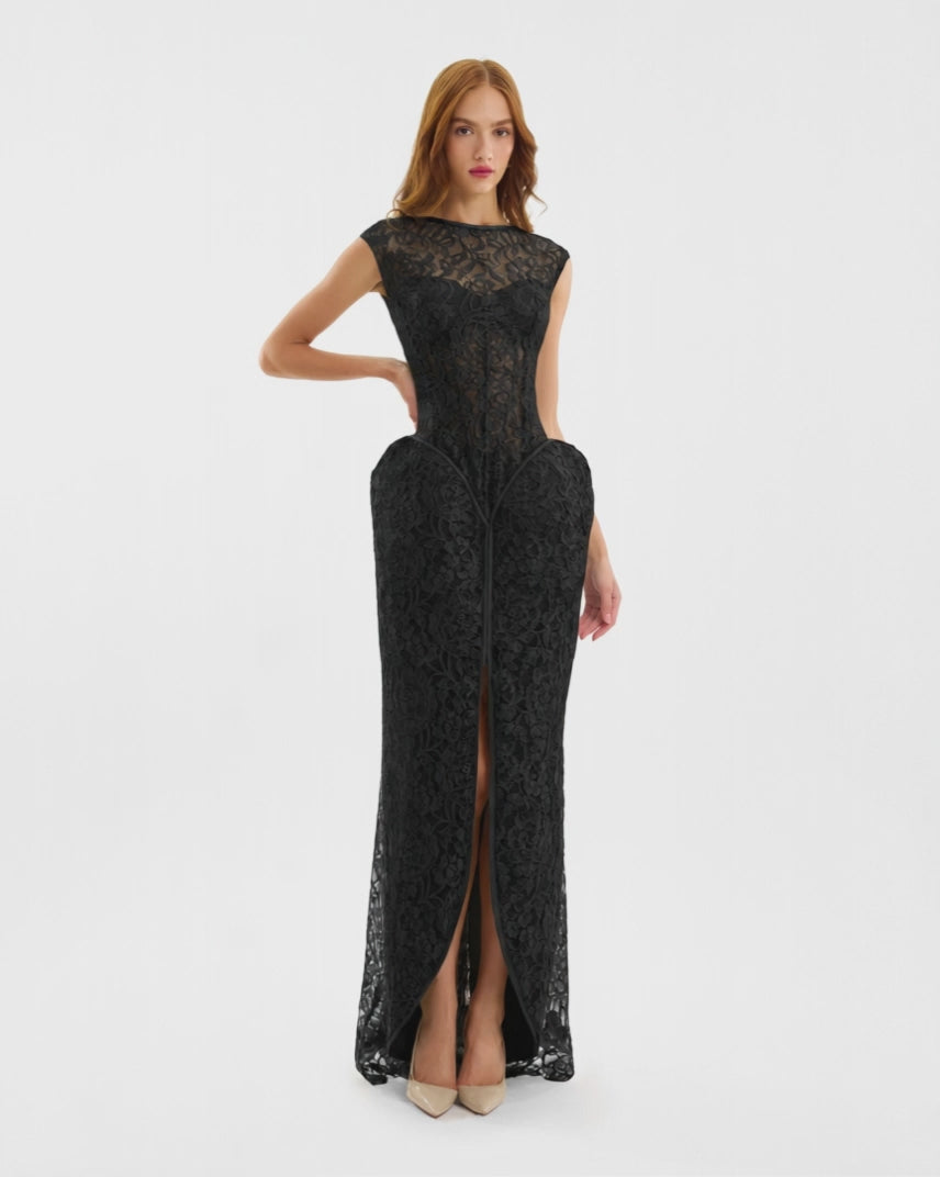 Sculpted Lace Dress with Sheer Bodice