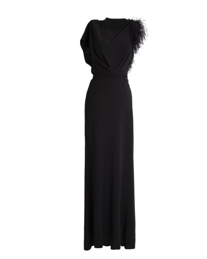 Asymmetrical Feathered Crepe Dress - Gemy Maalouf