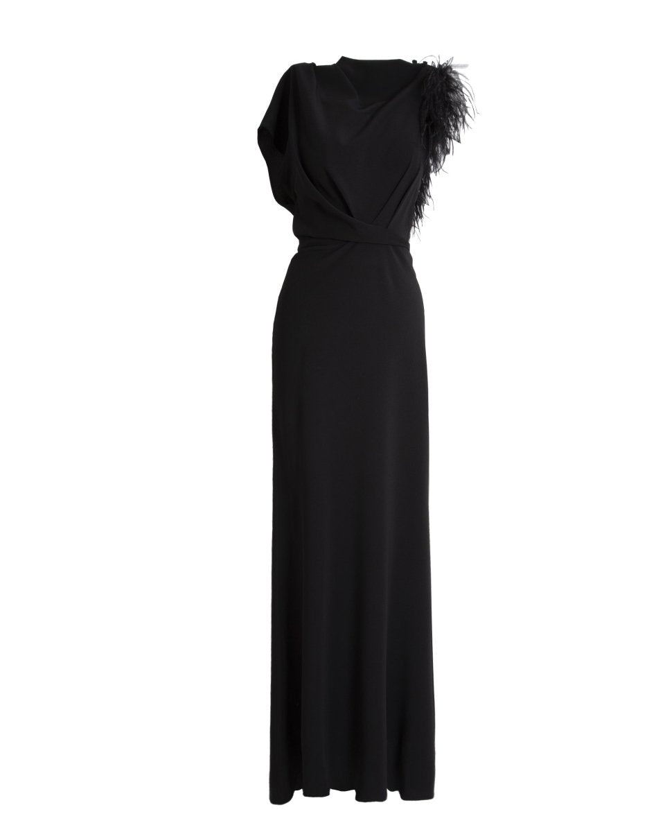 Asymmetrical Feathered Crepe Dress - Gemy Maalouf