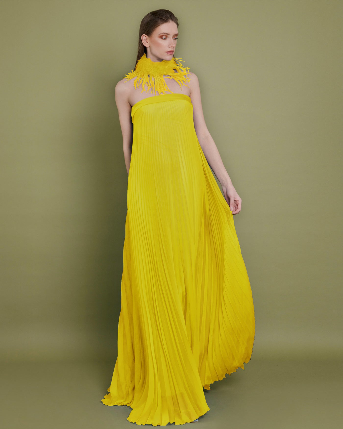 Pleated Strapless Yellow Dress