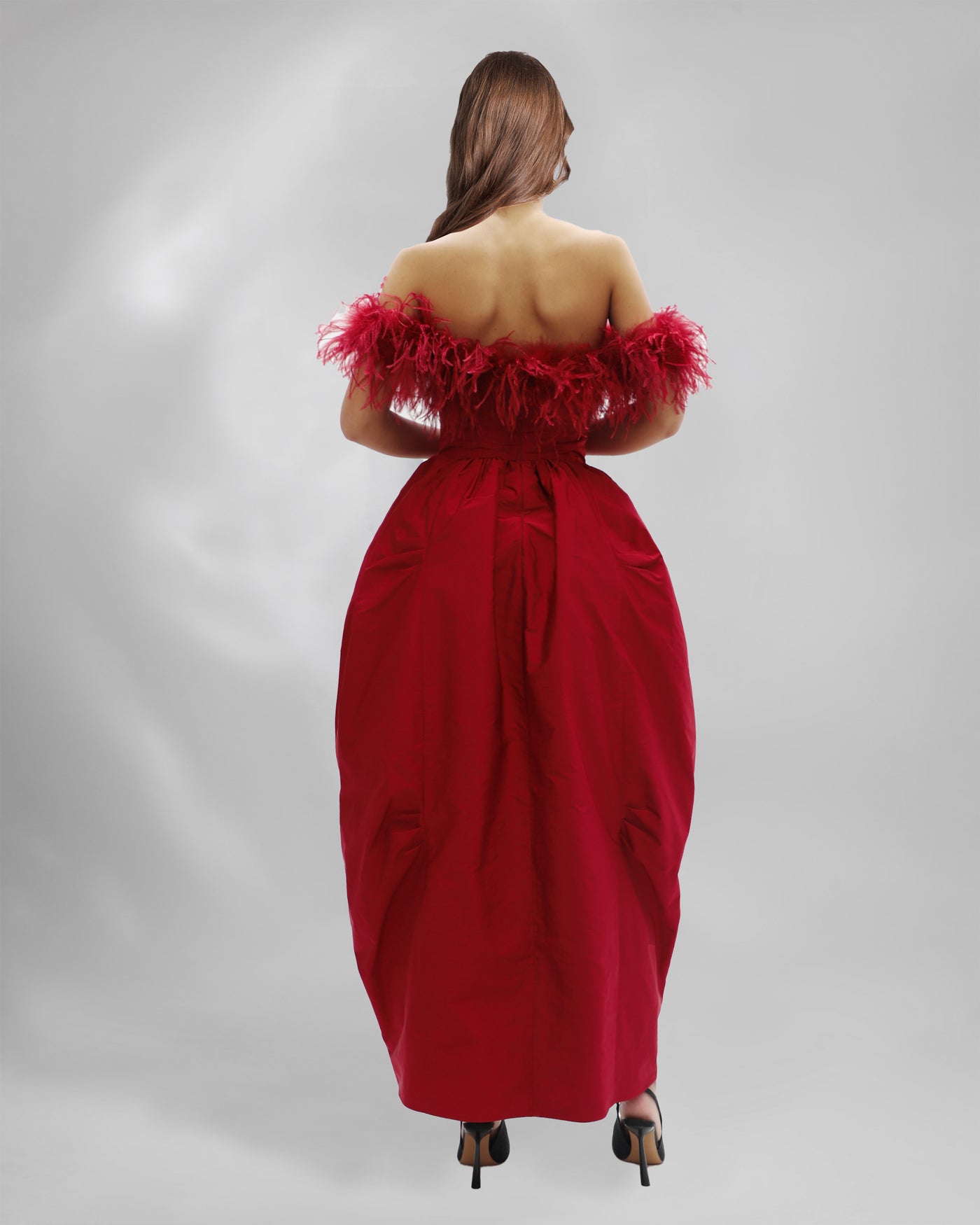 Feathered Puffed Red Dress