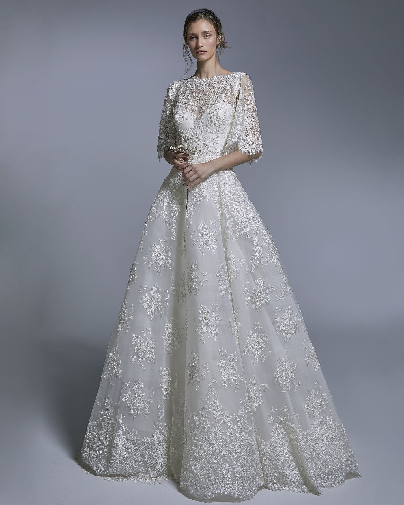 Boat Neckline With Wide Flared 3/4 Sleeves Gown