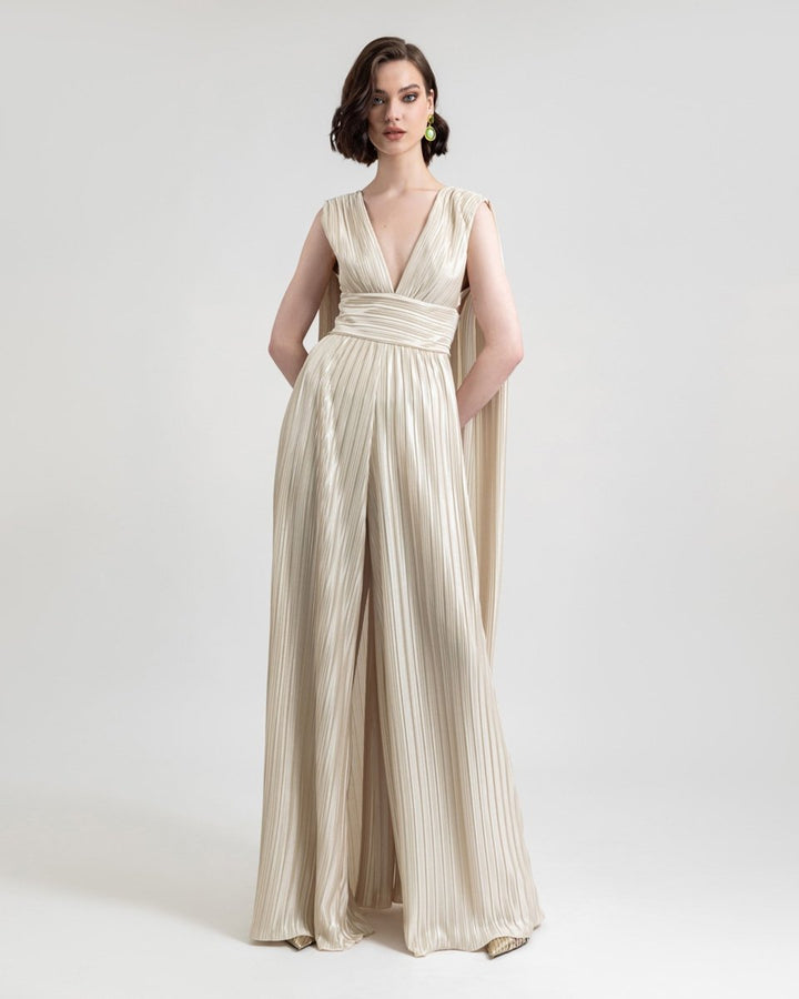 Deep V - Neckline Champagne Jumpsuit - Gemy Maalouf