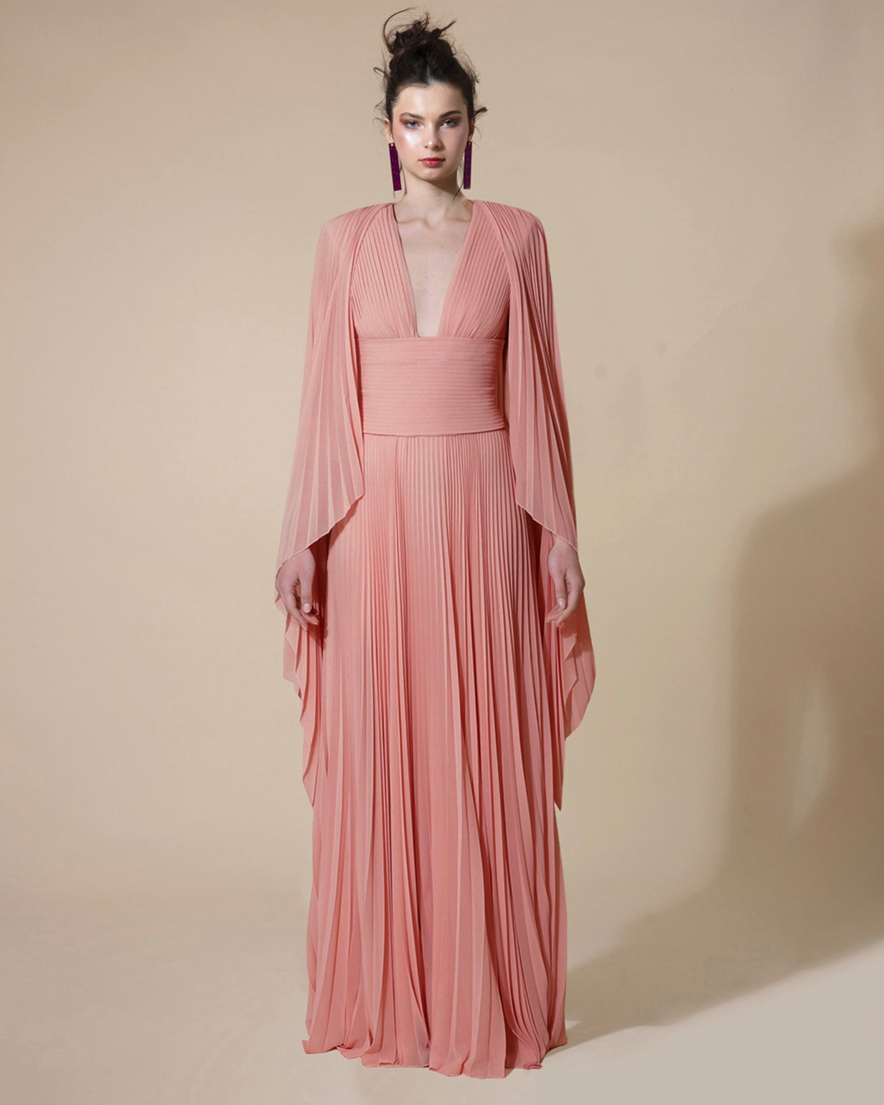 Fully Pleated Kaftan With Deep V-Neck