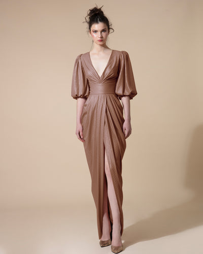 Long Brown Dress With Deep V-Neck