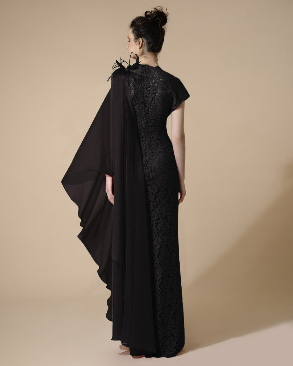 Feather and Chiffon Fitted Black Dress