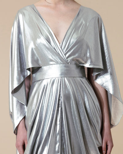 Cape-Like Long Draped Silver Dress