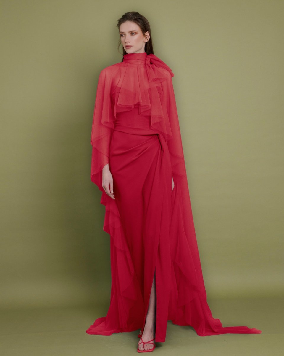 Strapless Slim Cut Red Dress with Cape - Gemy Maalouf