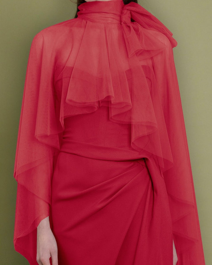 Strapless Slim Cut Red Dress with Cape - Gemy Maalouf