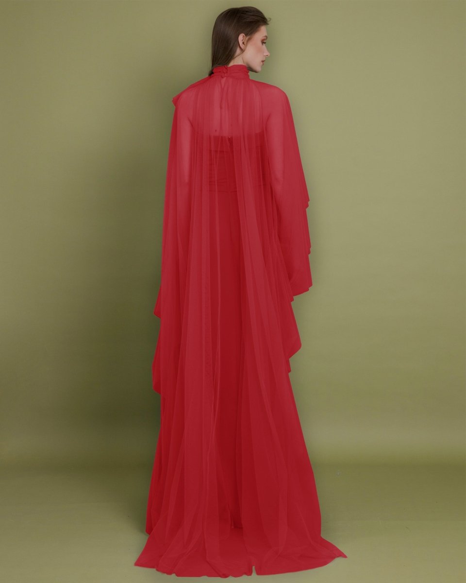 Strapless Slim Cut Red Dress with Cape - Gemy Maalouf
