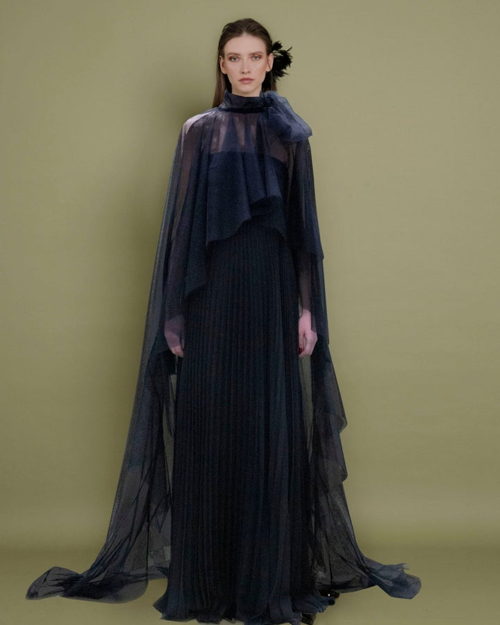 Ruffled Cape with Pleated Dress - Gemy Maalouf