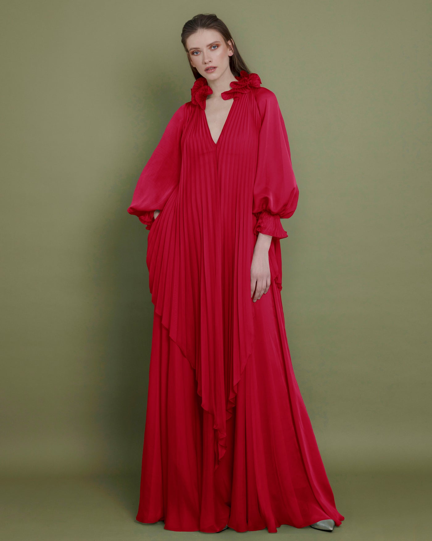 Loose-Cut Ruffled Long Red Dress
