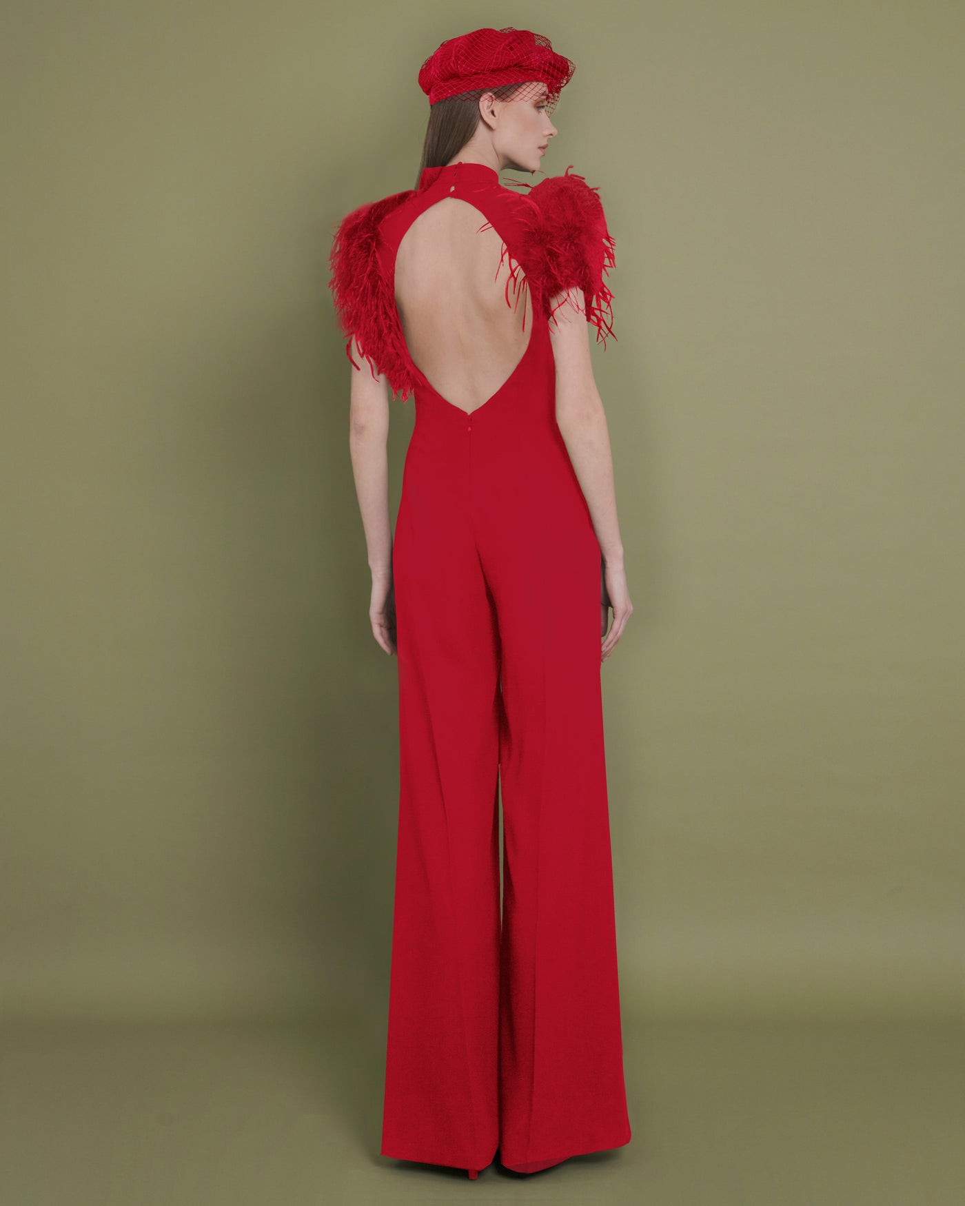 Feathered Shoulders Red Jumspuit