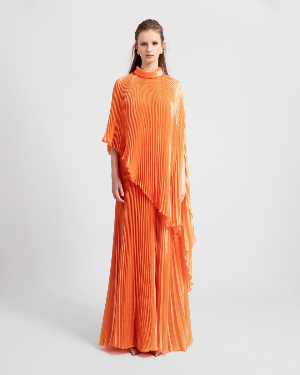 Fully Pleated Flared Orange Kaftan - Gemy Maalouf