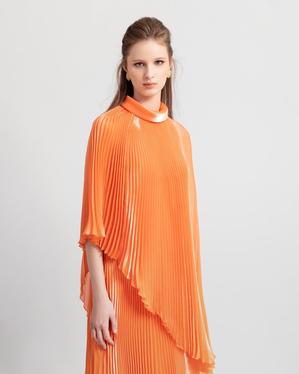 Fully Pleated Flared Orange Kaftan - Gemy Maalouf