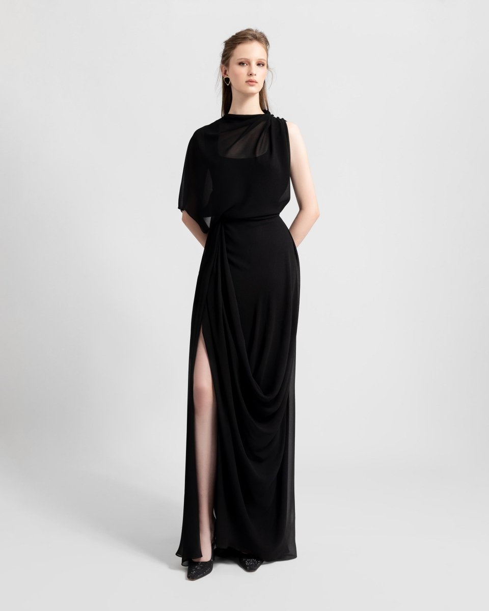 Asymmetrical Draped Black Dress - Gemy Maalouf