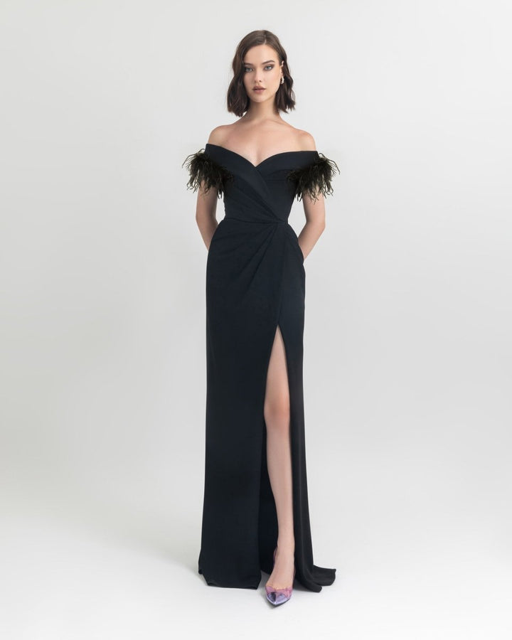 Slim Cut Dress With Feathers - Gemy Maalouf